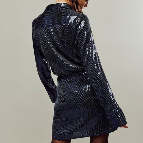 Free People NWT Midnight Navy Sophie Sequin Button Collared A-Line Mini Dress XS - Picture 8 of 9